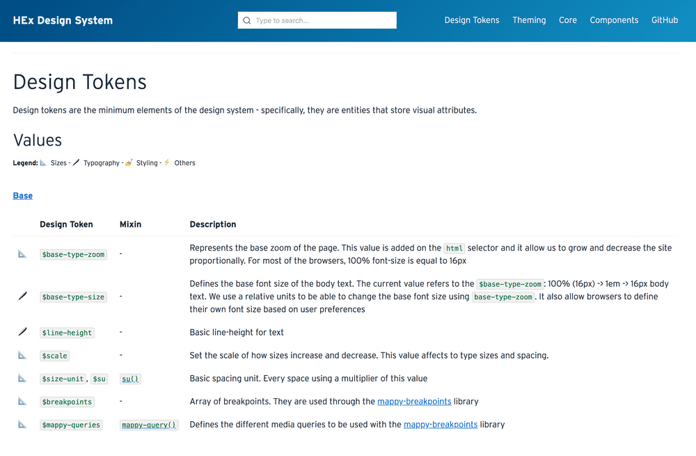 Screenshot of Bitnami HEx design system token page